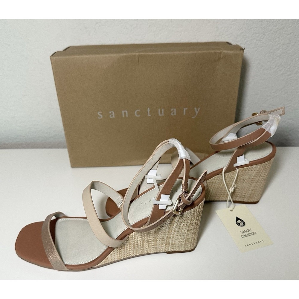 Sanctuary *NEW* Women's 8 Wink Nude Metallic Raffia Wedge Heel Leather Sandals